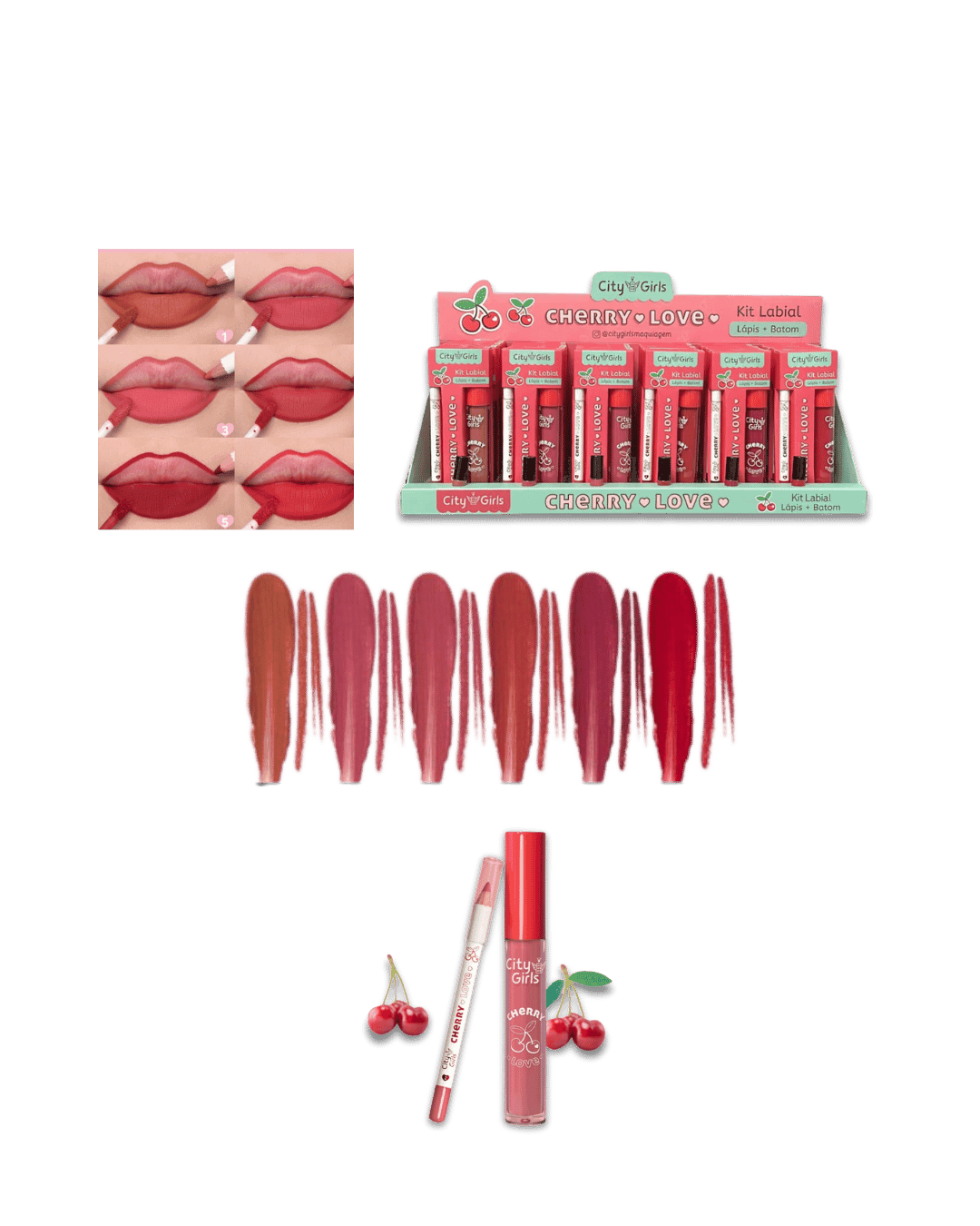CG339 KIT LABIAL LAPIS + BATOM CHERRY LOVE CX/24 CITY GIRLS
